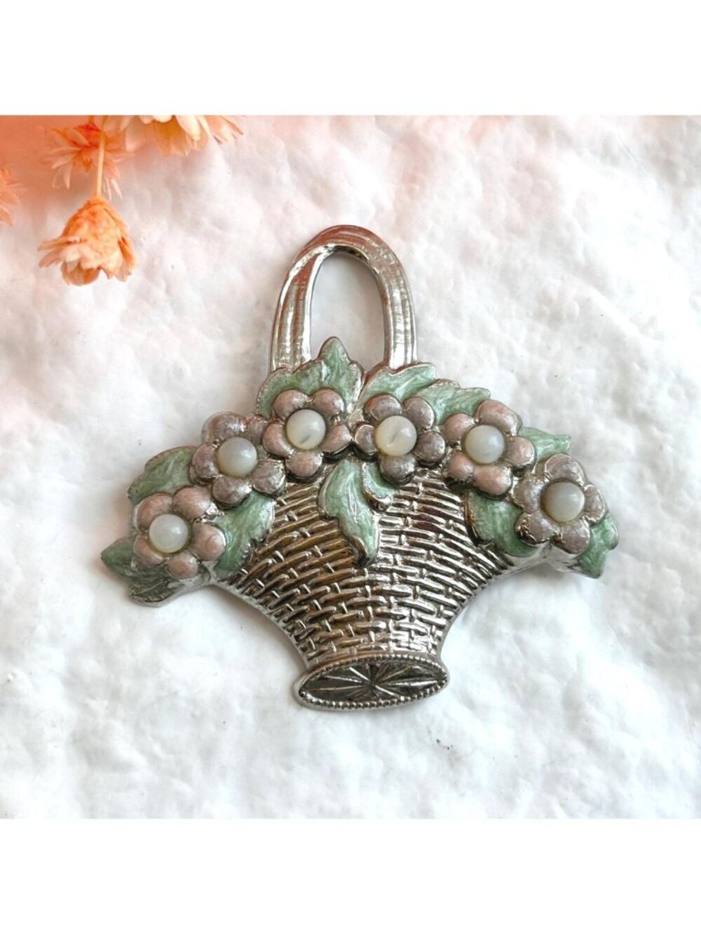 Blooming Floral Basket Silver Toned Vintage Brooch | Pin